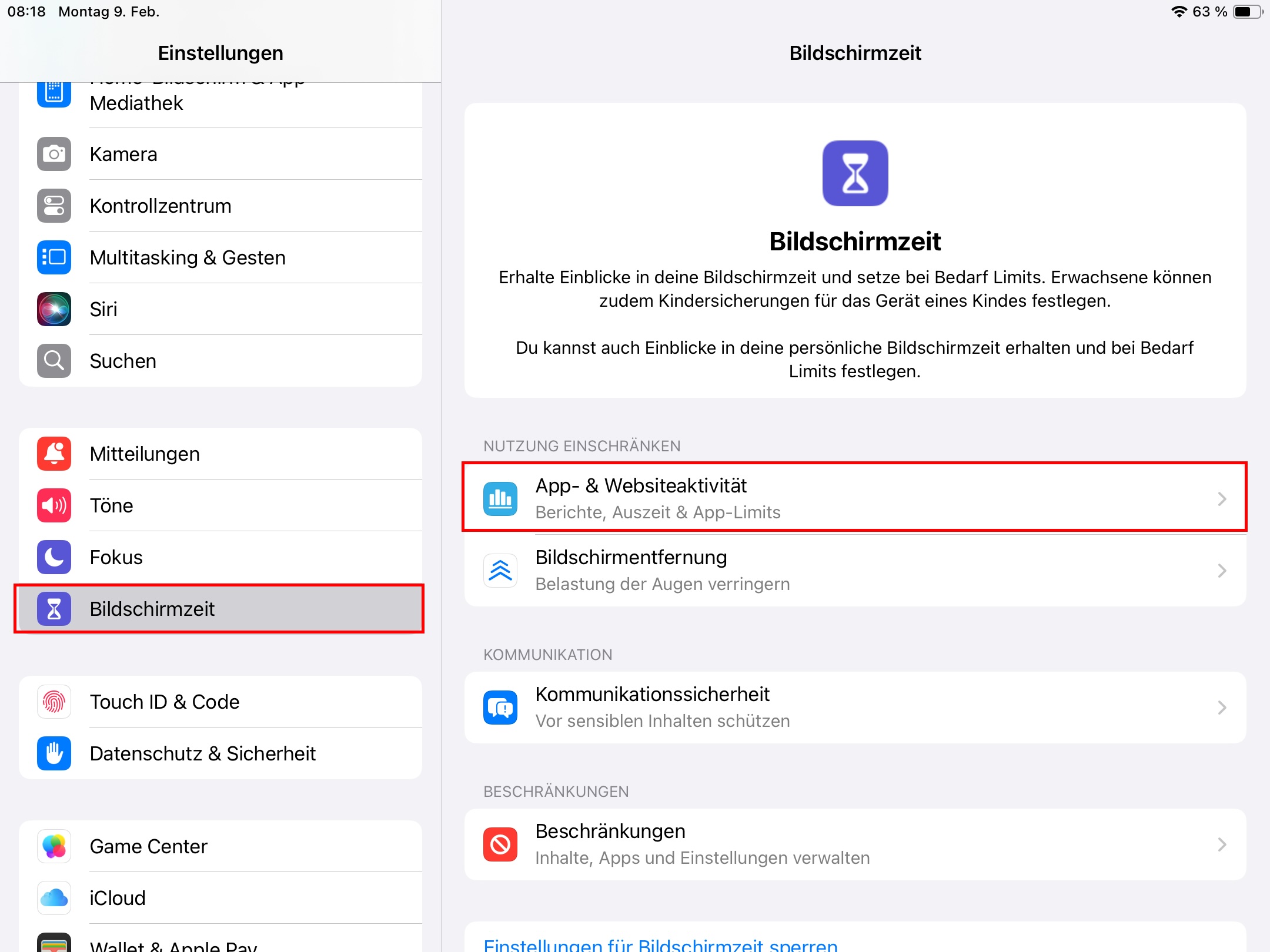 iPad Einstellungen: Bildschirmzeit aktivieren