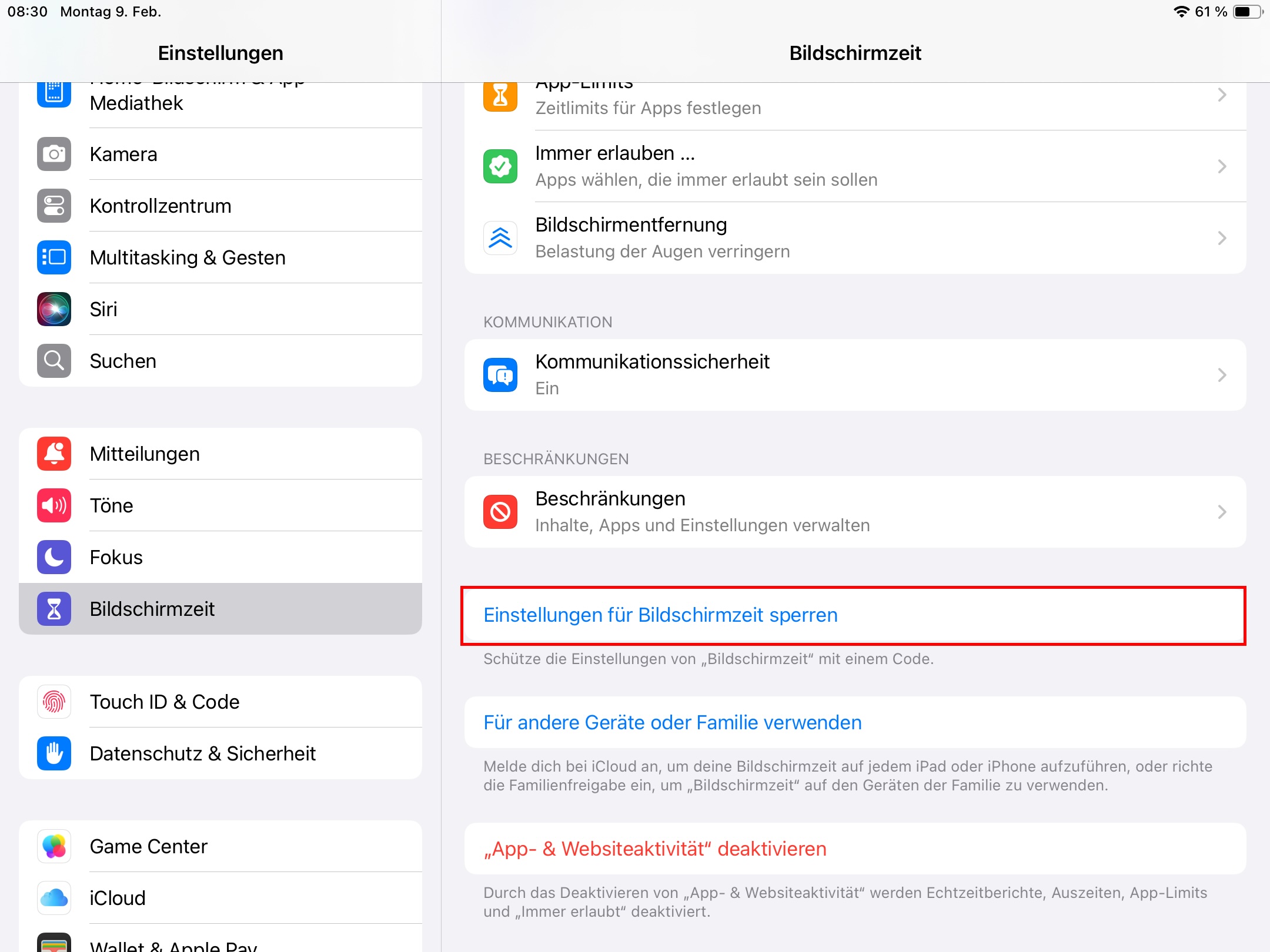 Bildschirmzeit-Code aktivieren