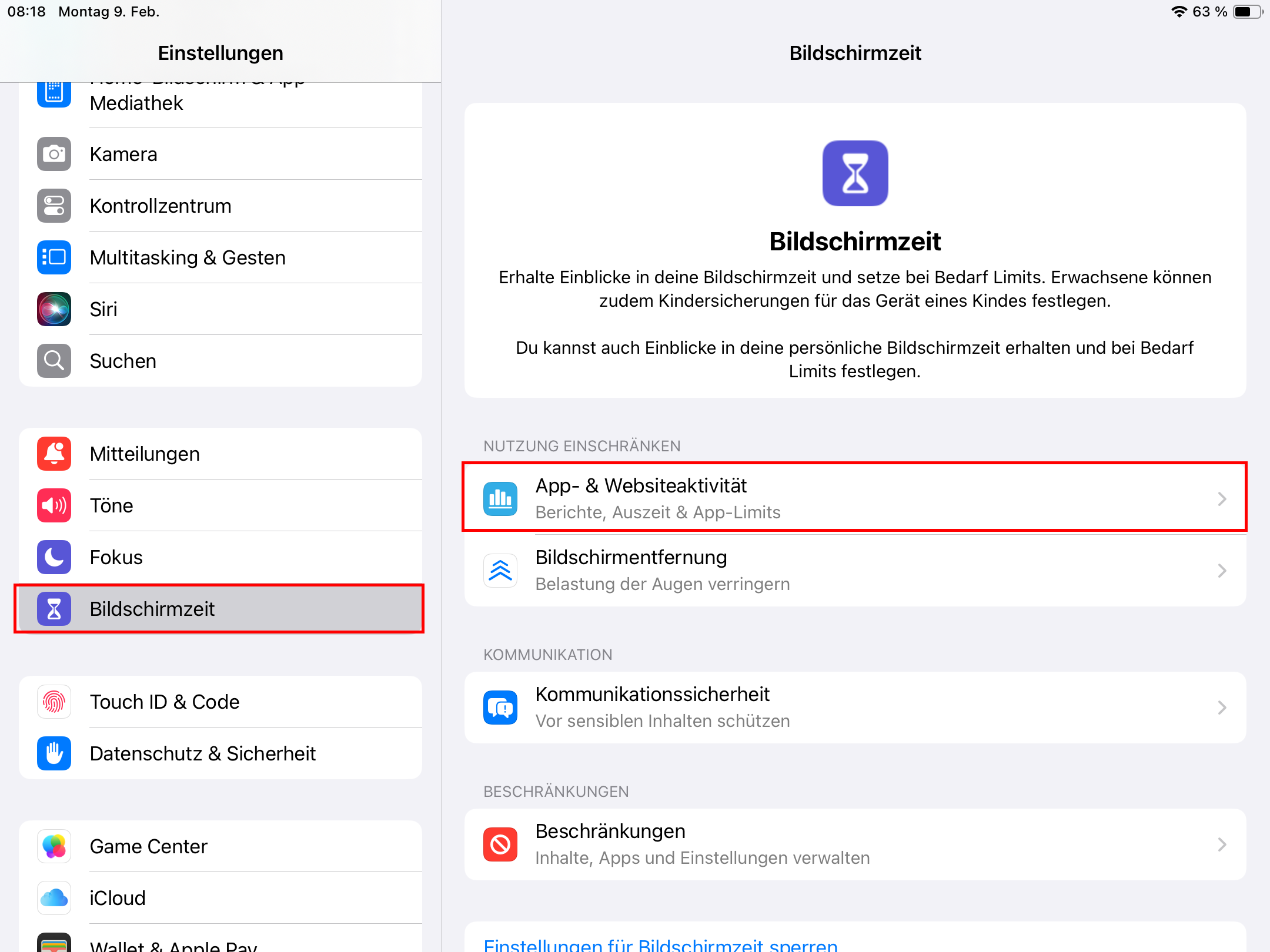 iPad Einstellungen: Bildschirmzeit aktivieren