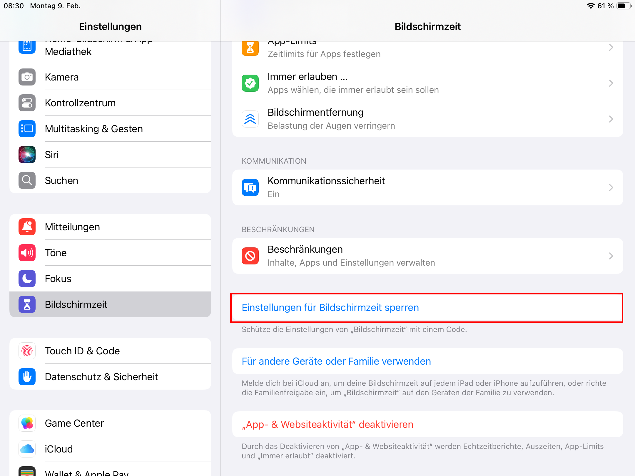 Bildschirmzeit-Code aktivieren